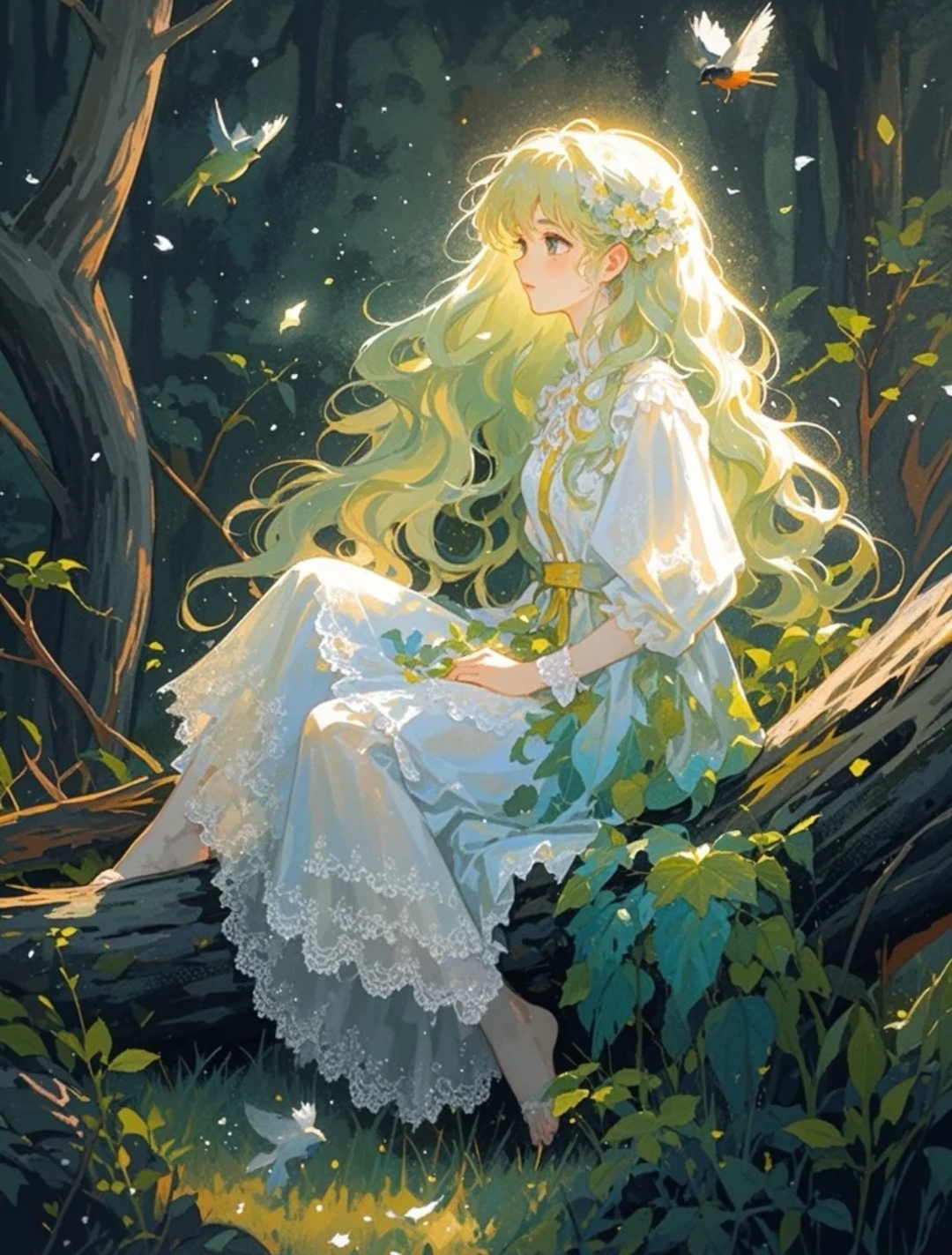 森林里的小仙女,长发飘飘,坐在树枝上,手中捧着一本魔法书,周围的小