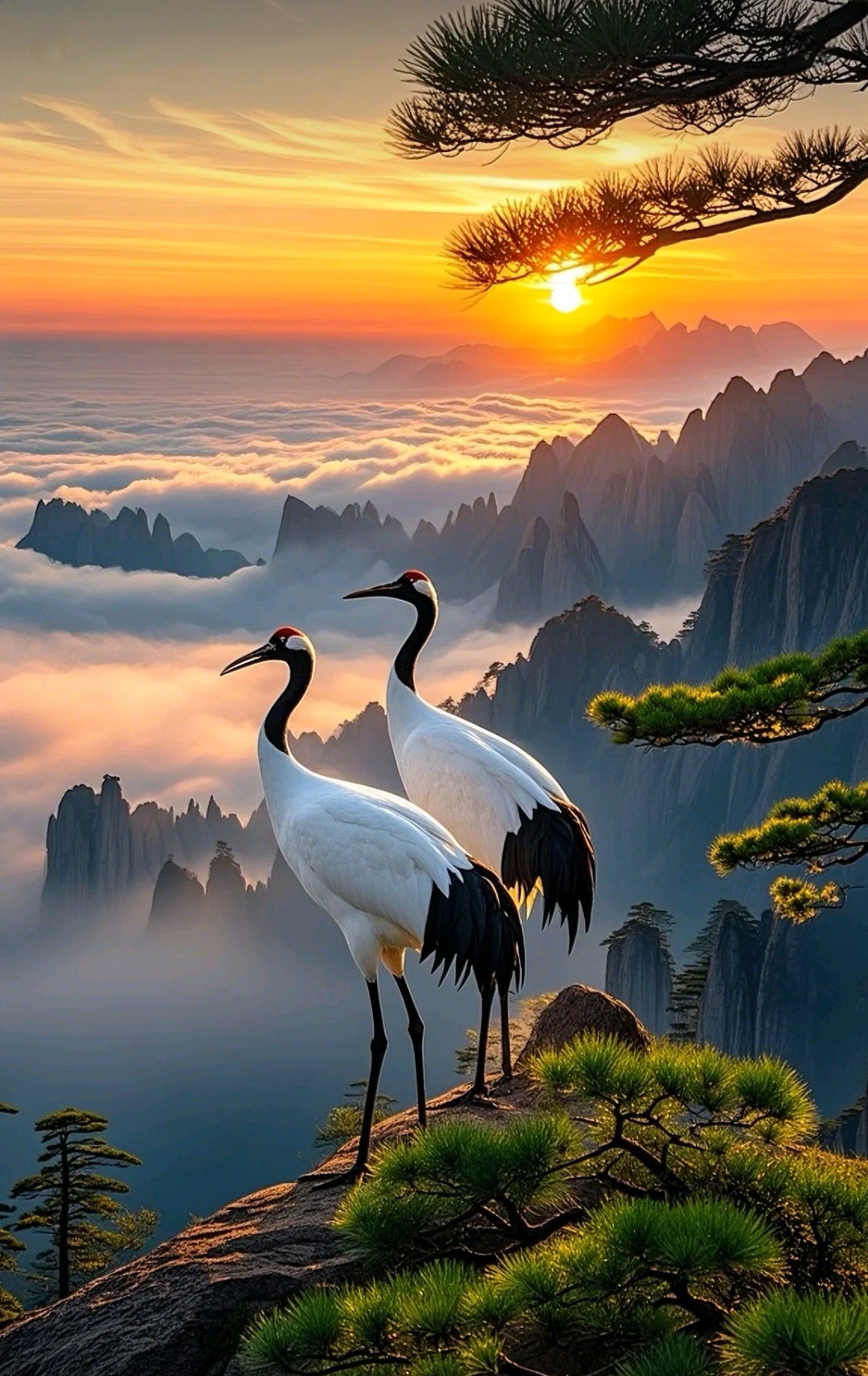 哇,这两只仙鹤在黄山之巅观云海日出的画面太美了,我要是有翅膀也想去