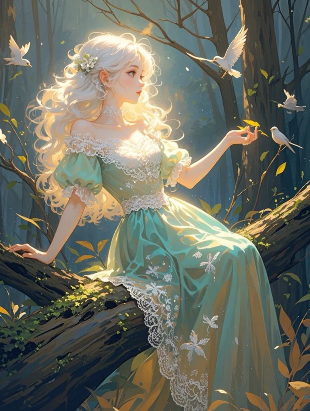 森林里的小仙女,长发飘飘,坐在树枝上,手中捧着一本魔法书,周围的小