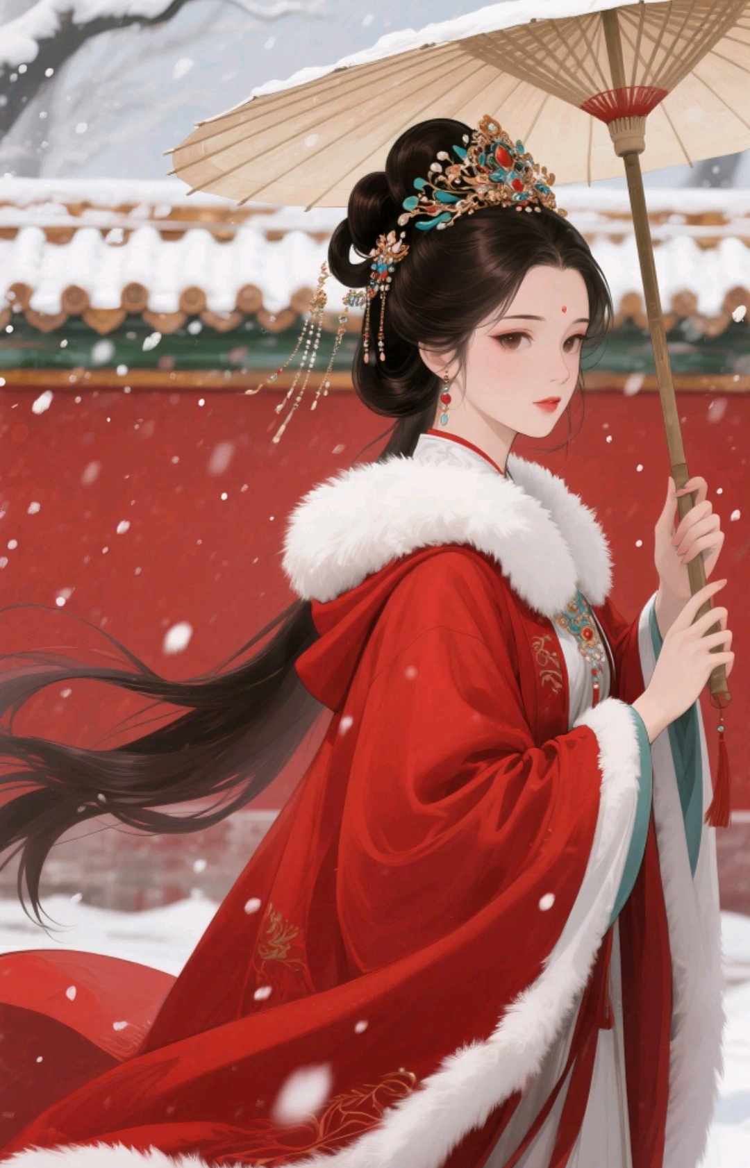 雪中漫步,红衣女子撑伞,古典韵味十足.#优质头像每日推荐