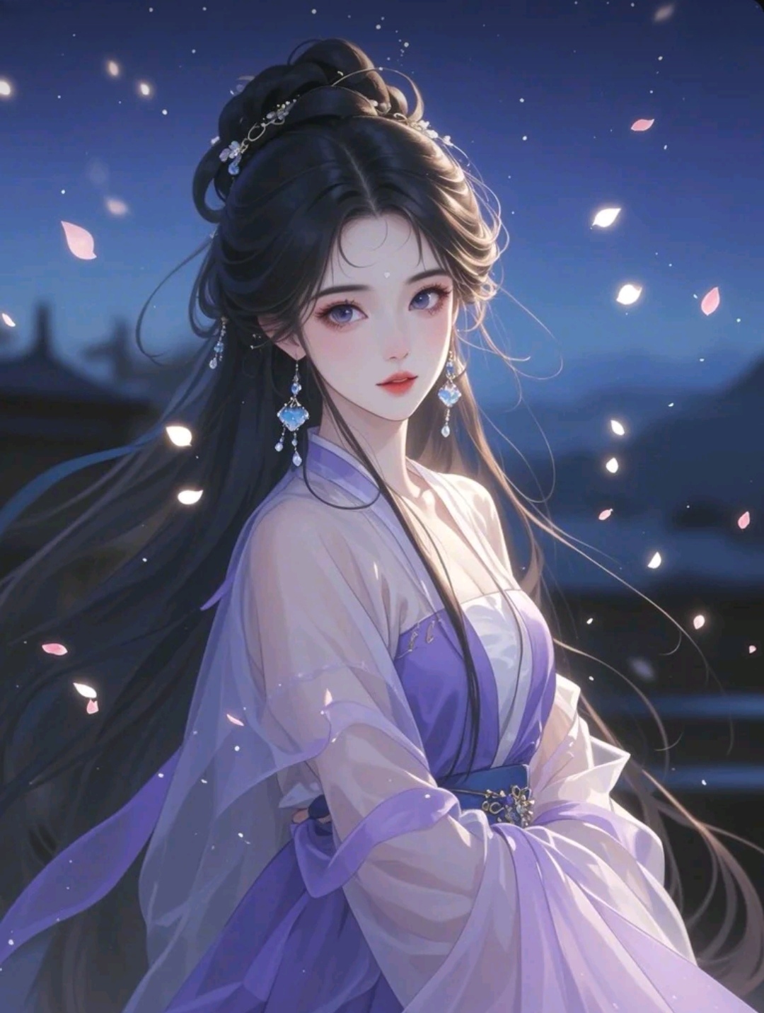 夜幕降临,紫衣女子独立于山水间,仿佛从古风画中走出的仙子,让人心动