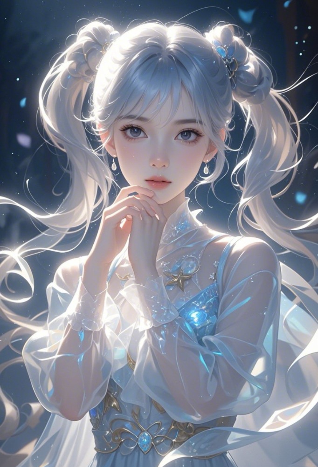 "梦幻星河下的精灵,银发轻舞,梦幻之眼凝望,如梦似幻,让人沉醉