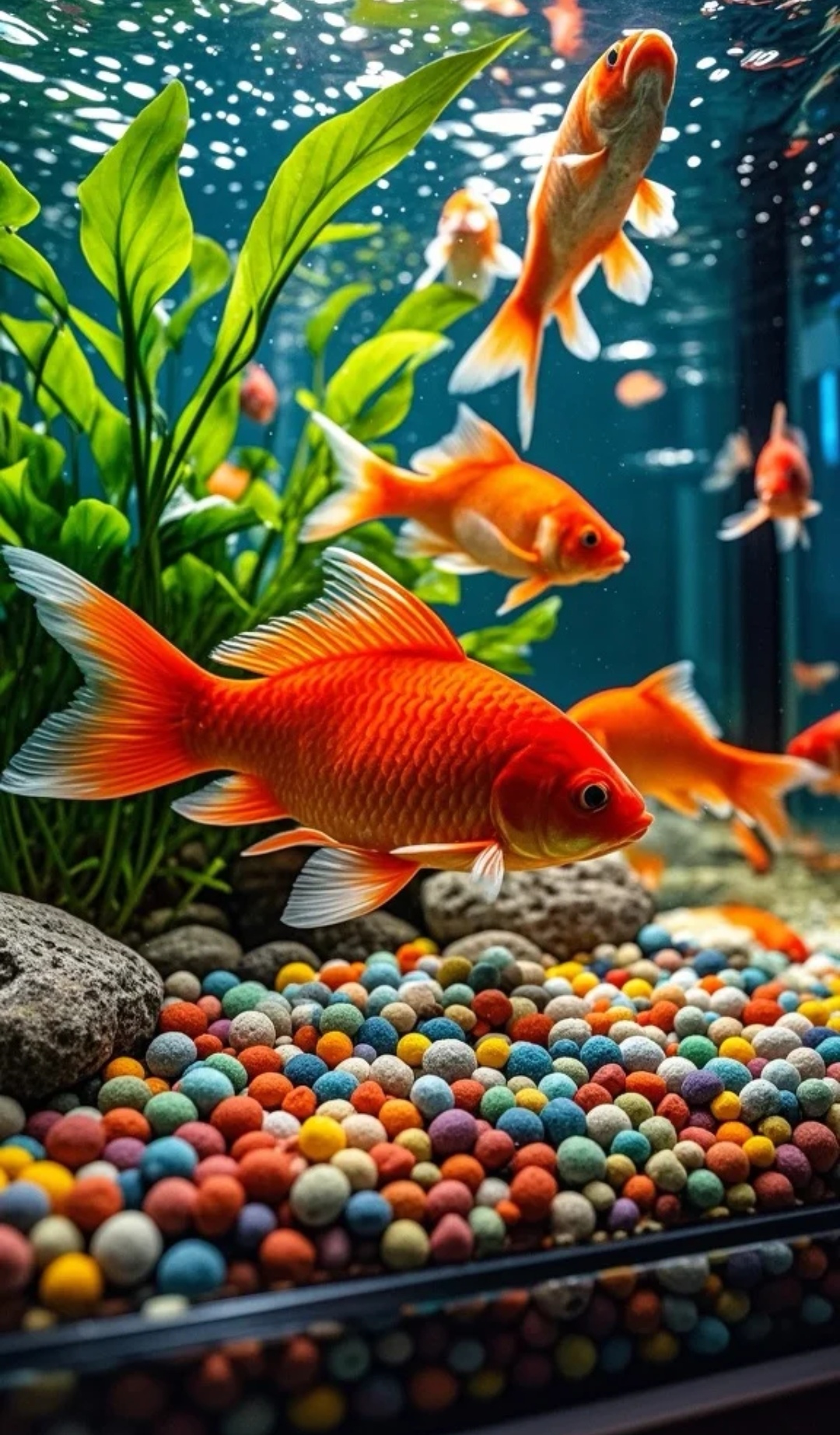 哇,这些金鱼在水族箱里游得真欢快,五彩的鱼食让水更清澈了!