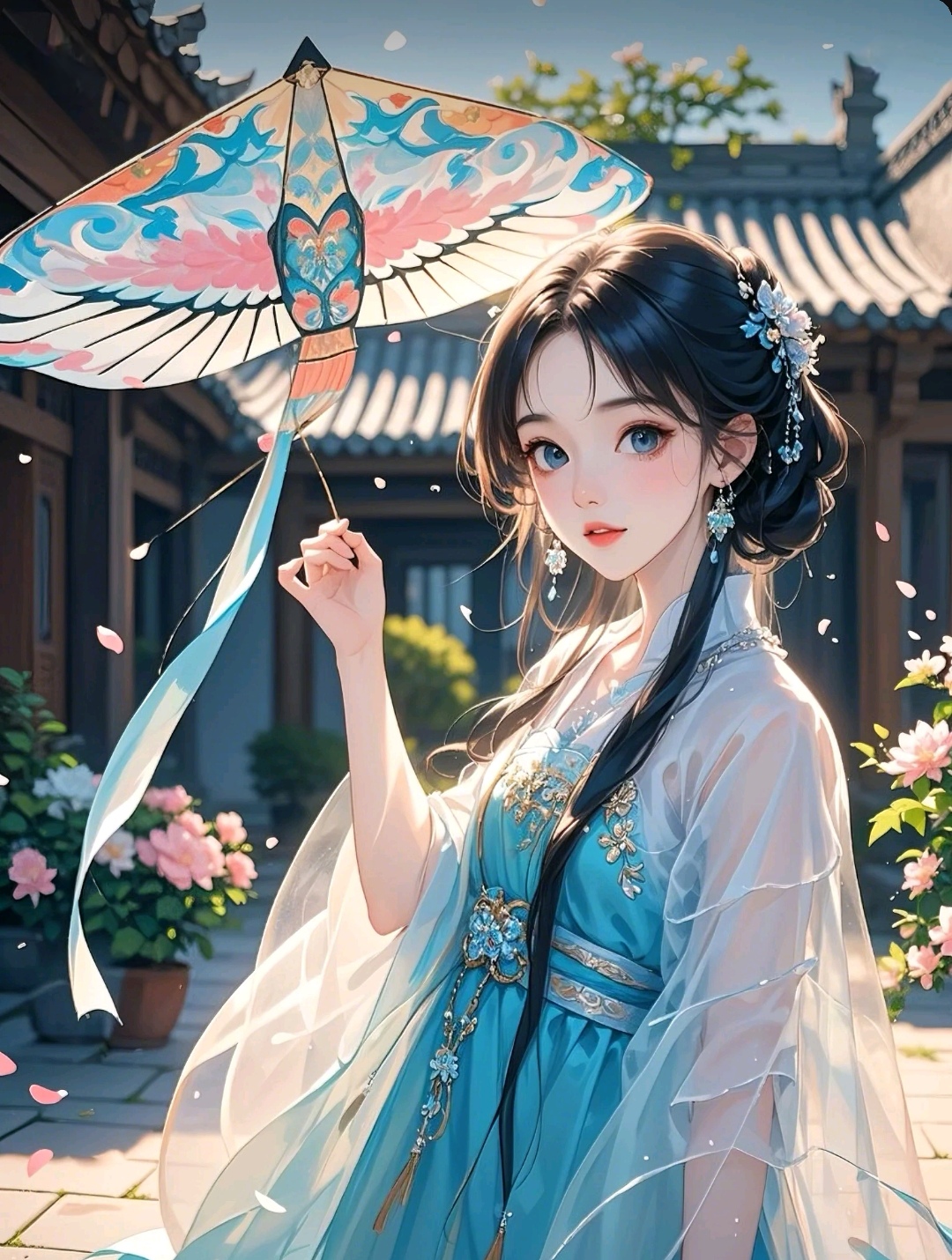 "春风拂面,我与古风画中人相遇,手执彩绘纸伞,漫步于樱花飞舞的庭院