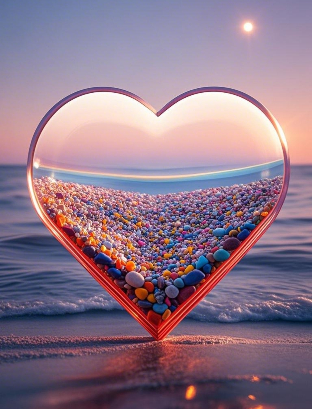 "海边夕阳下,心形玻璃瓶装满五彩斑斓的梦,浪花轻轻拍岸,仿佛连时间都