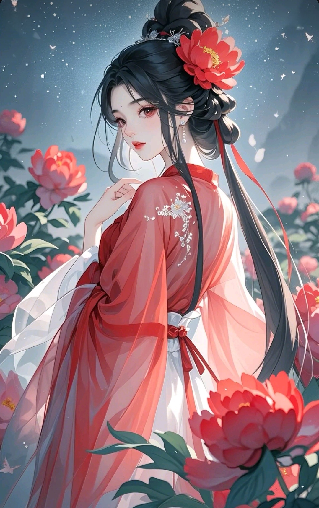 这幅画中的女子,身着汉服,站在一片粉嫩的牡丹花海中,仿佛穿越千年