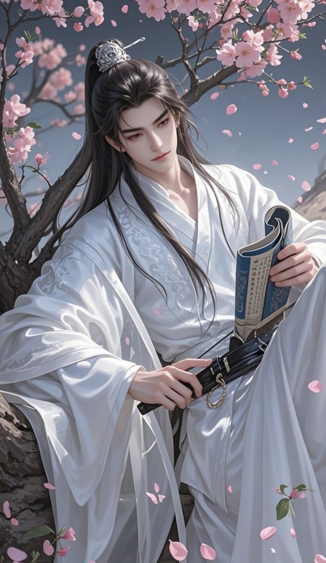 樱花树下,白衣少年专注地书写,仿佛整个春天都凝结在他的笔尖