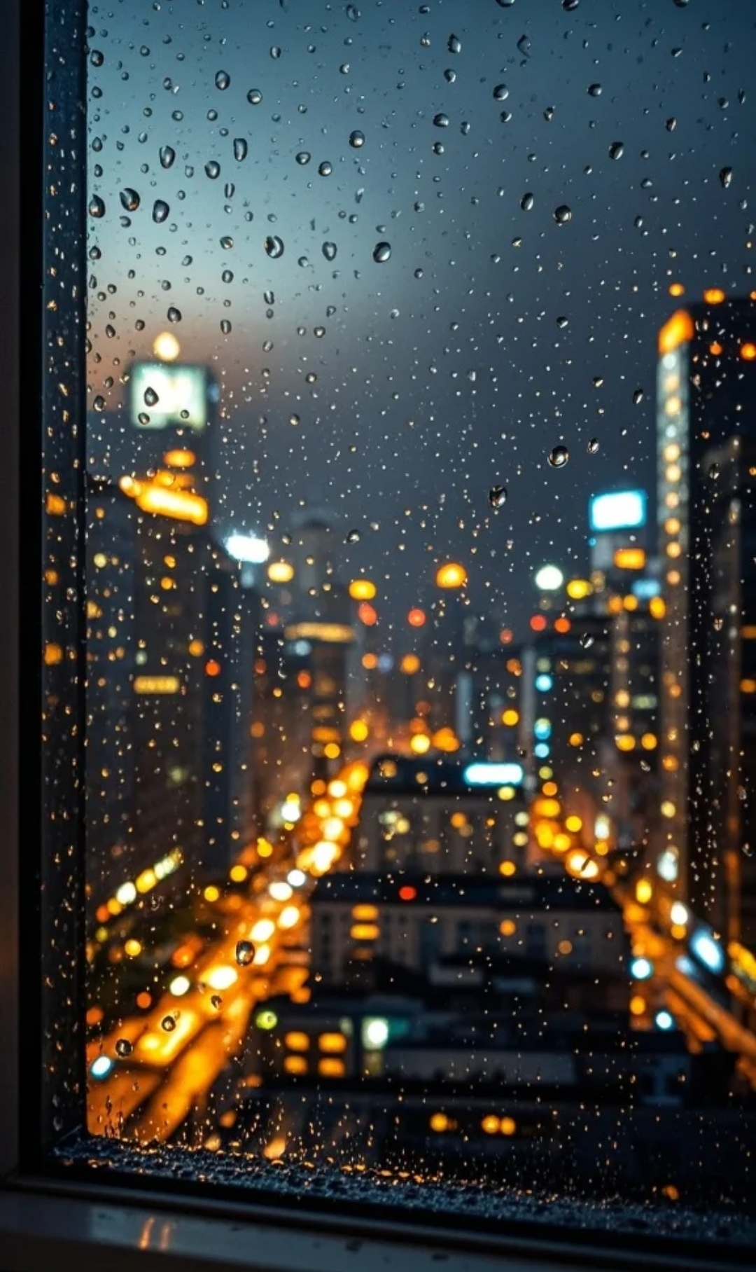 窗外滴滴答答,城市夜景尽收眼底,雨天也能把城市照得如此美丽