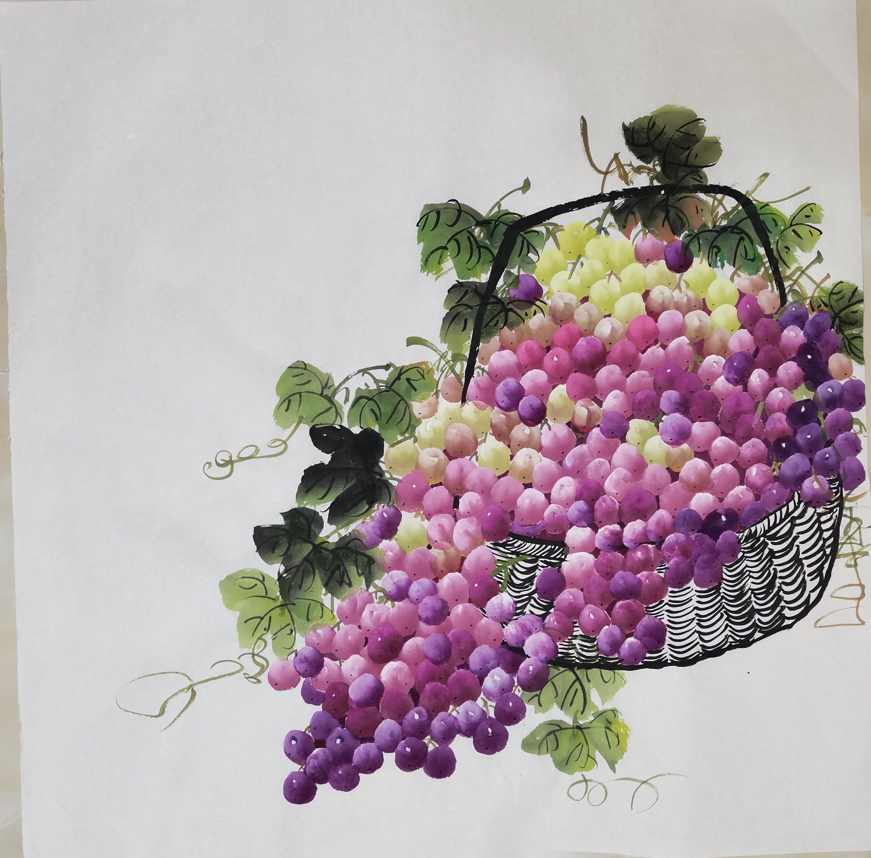 手绘四尺斗方写意葡萄画《硕果累累》,尺寸68x68,葡萄寓意美好吉祥