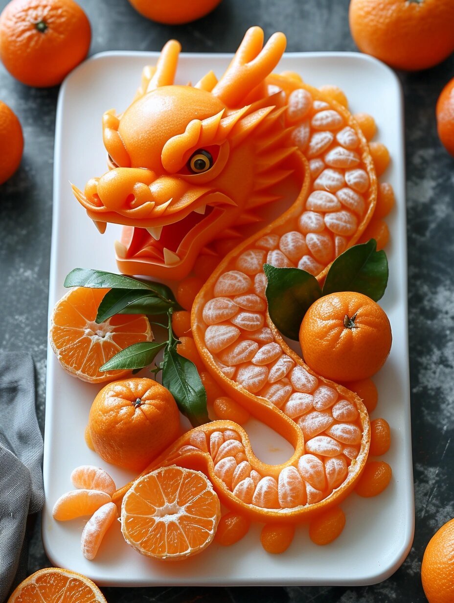 用橘子雕刻的龙形水果雕🌟  🍊 绝美雕刻,每一个细节都充满艺术感