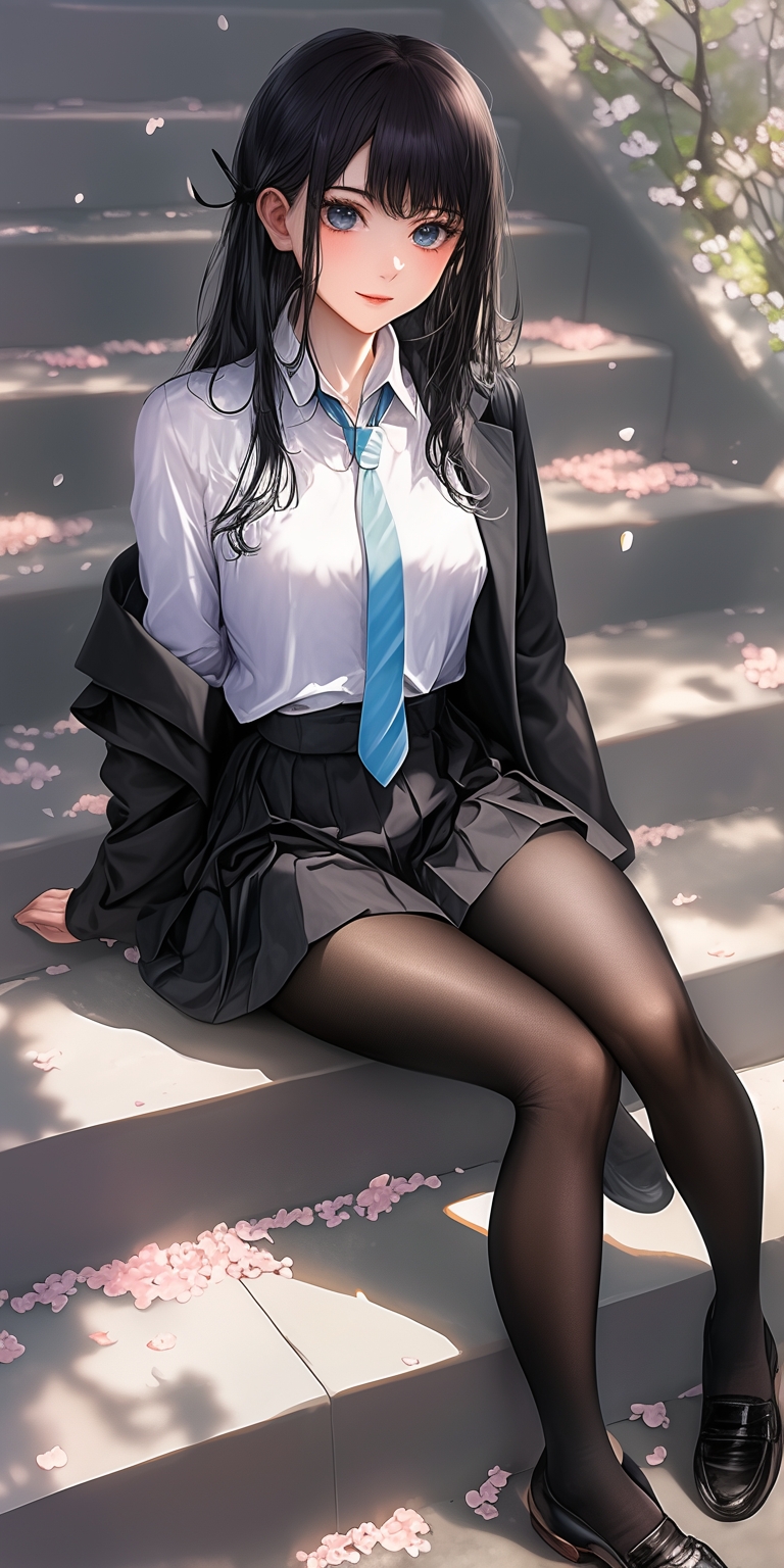 哇,这妹子坐在楼梯上,腿长真吸睛,黑丝袜搭配蓝色领带,学院风满满,樱