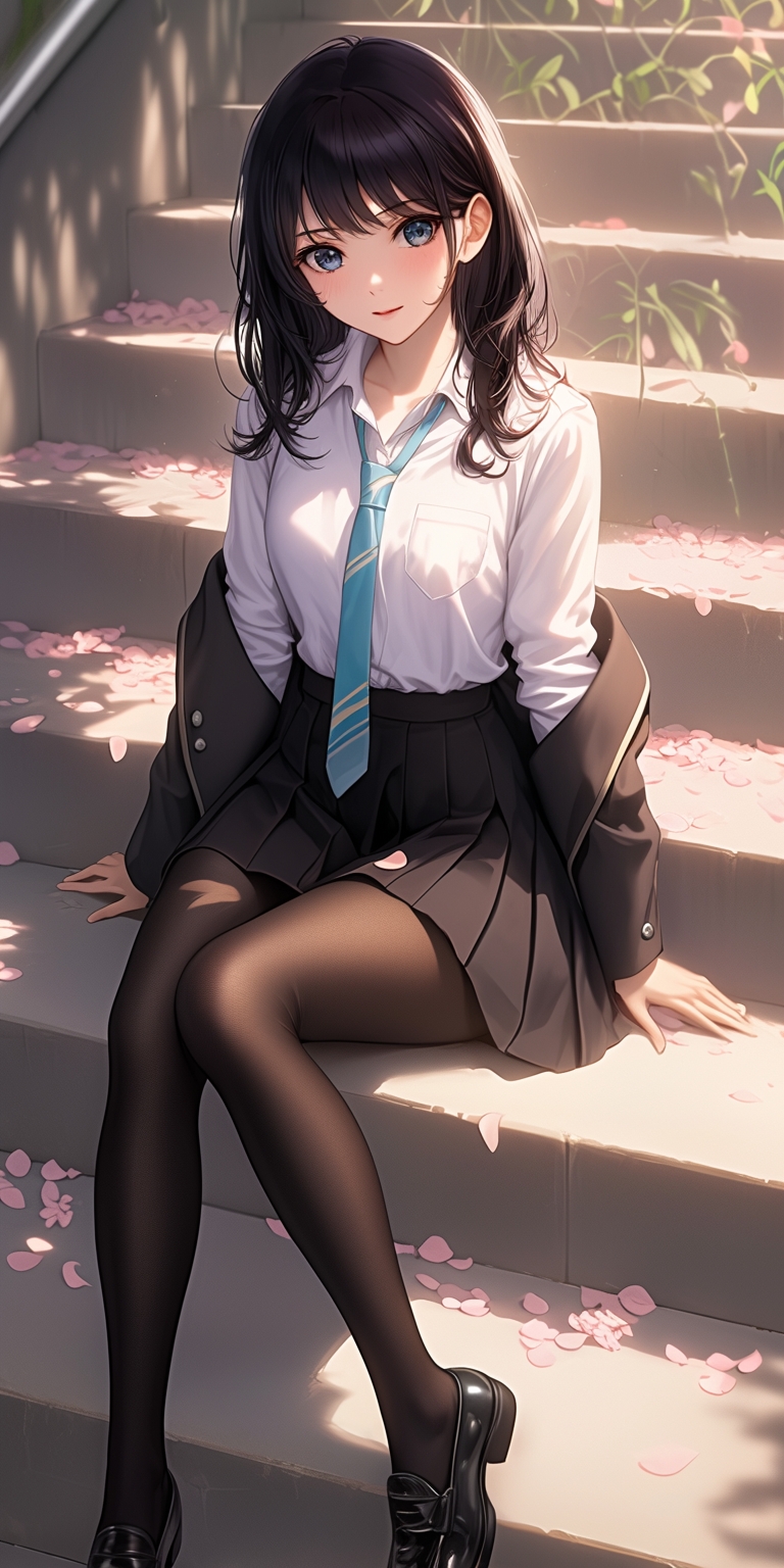哇,这妹子坐在楼梯上,腿长真吸睛,黑丝袜搭配蓝色领带,学院风满满,樱