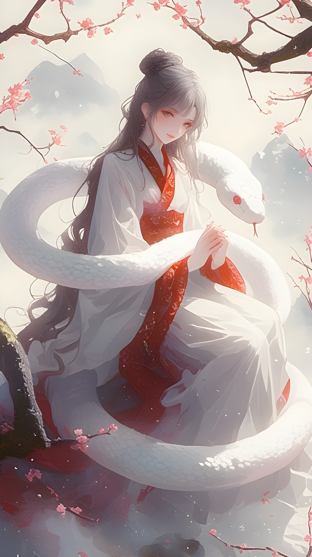 桃花树下,白衣女子轻抚白蛇,画面唯美动人