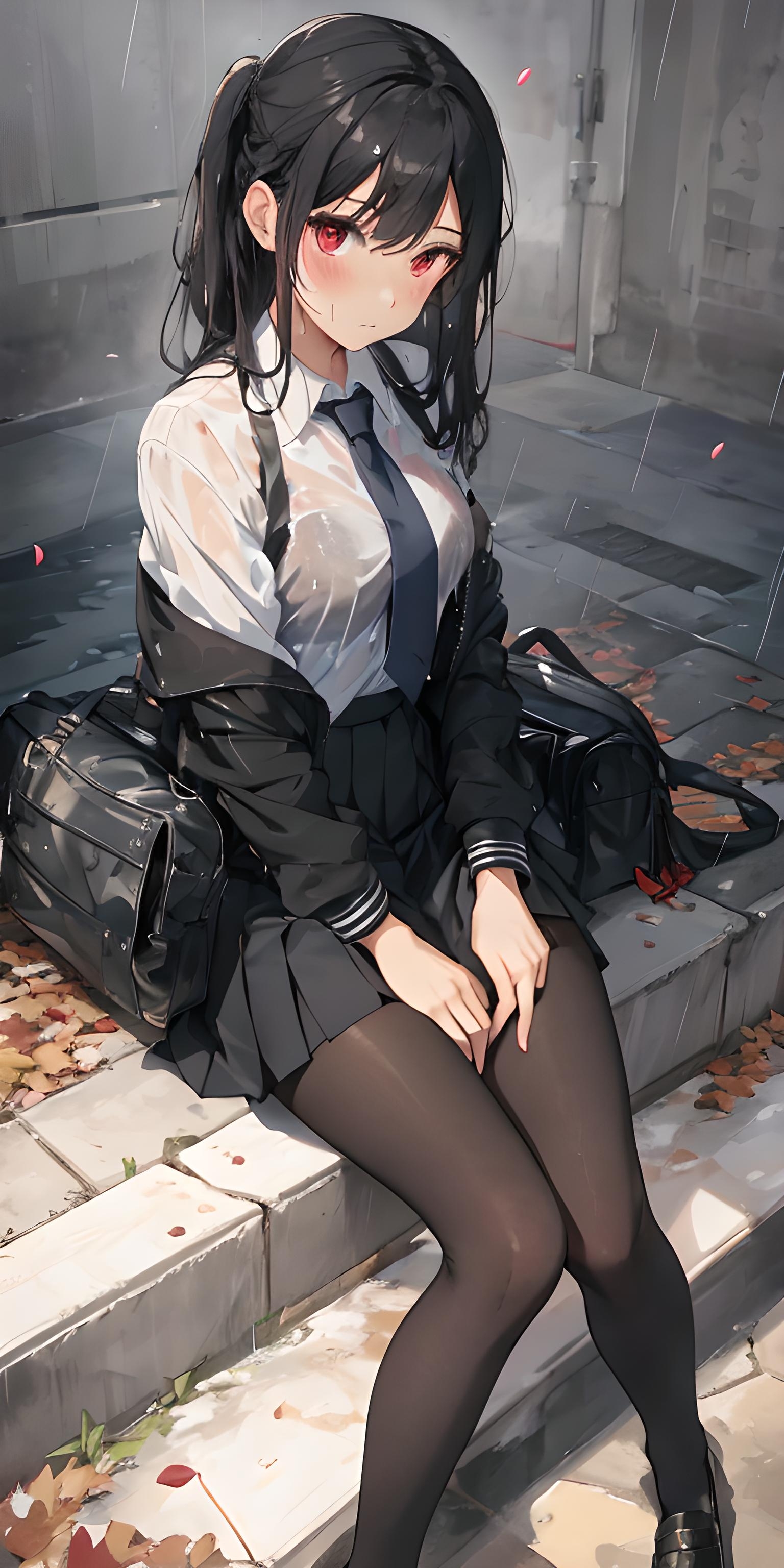 哇,这妹子坐在楼梯上,腿长真吸睛,黑丝袜搭配蓝色领带,学院风满满,樱