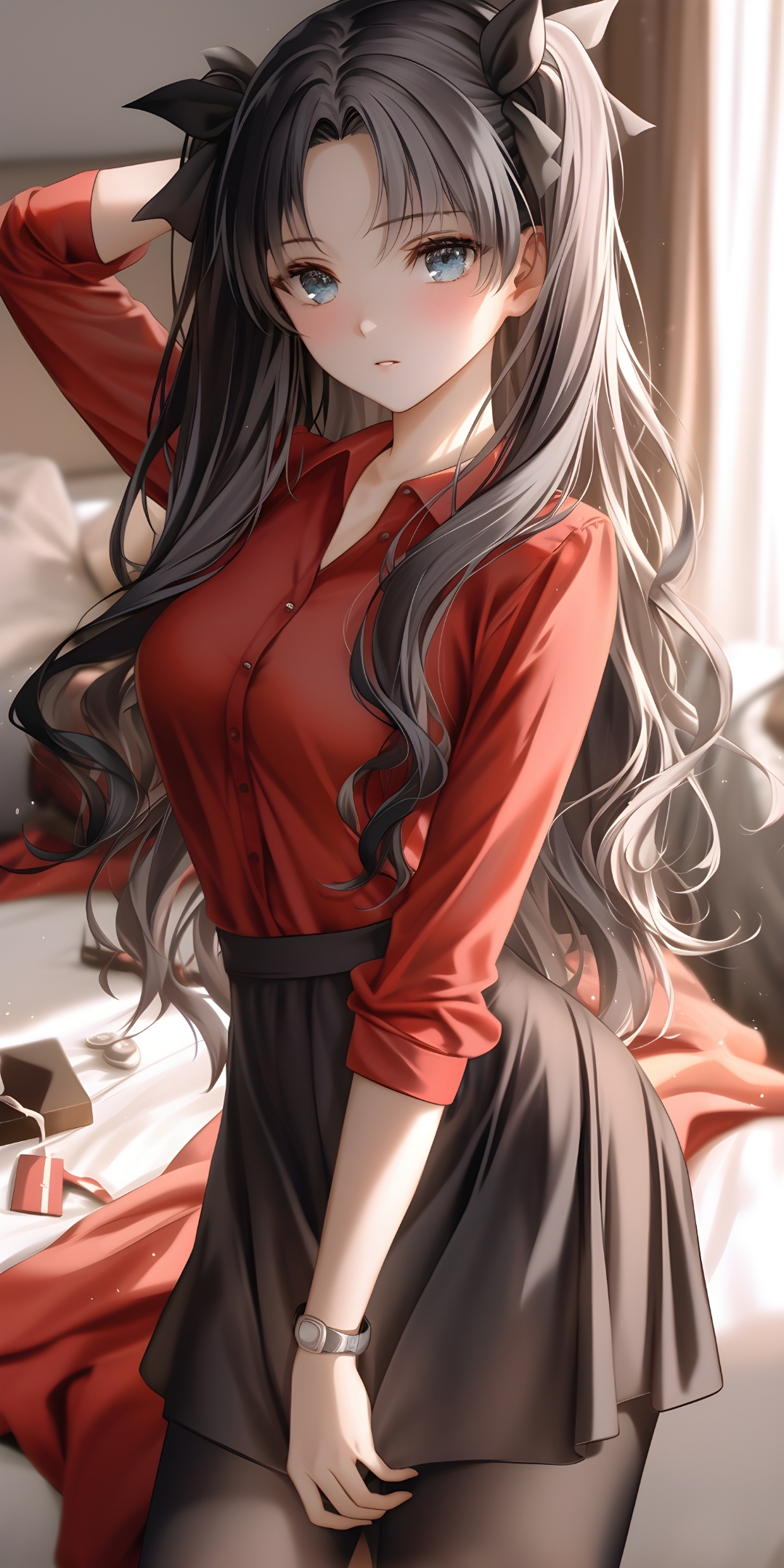 这幅画中的女孩,长着一头飘逸的长发,穿着鲜艳的红色上衣,安静地躺在