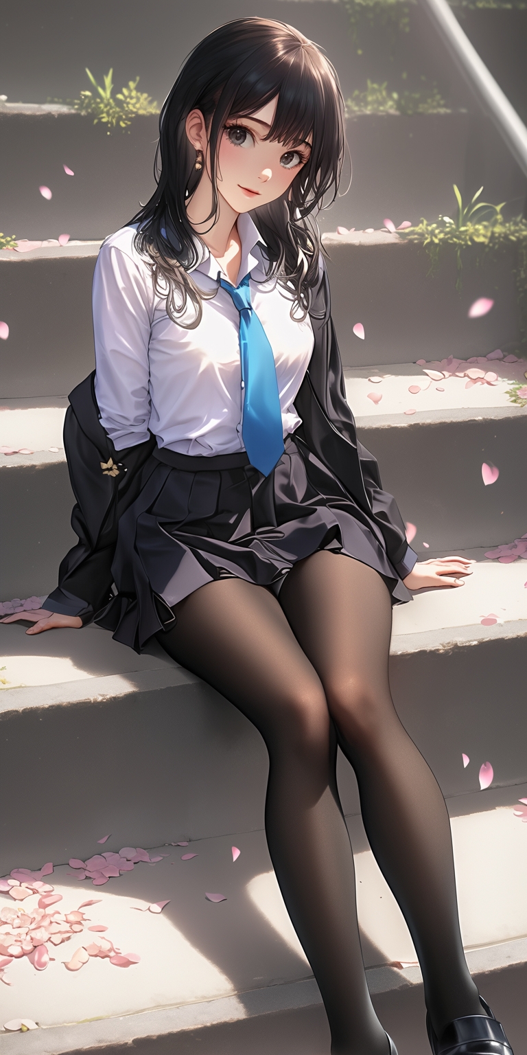 哇,这妹子坐在楼梯上,腿长真吸睛,黑丝袜搭配蓝色领带,学院风满满,樱