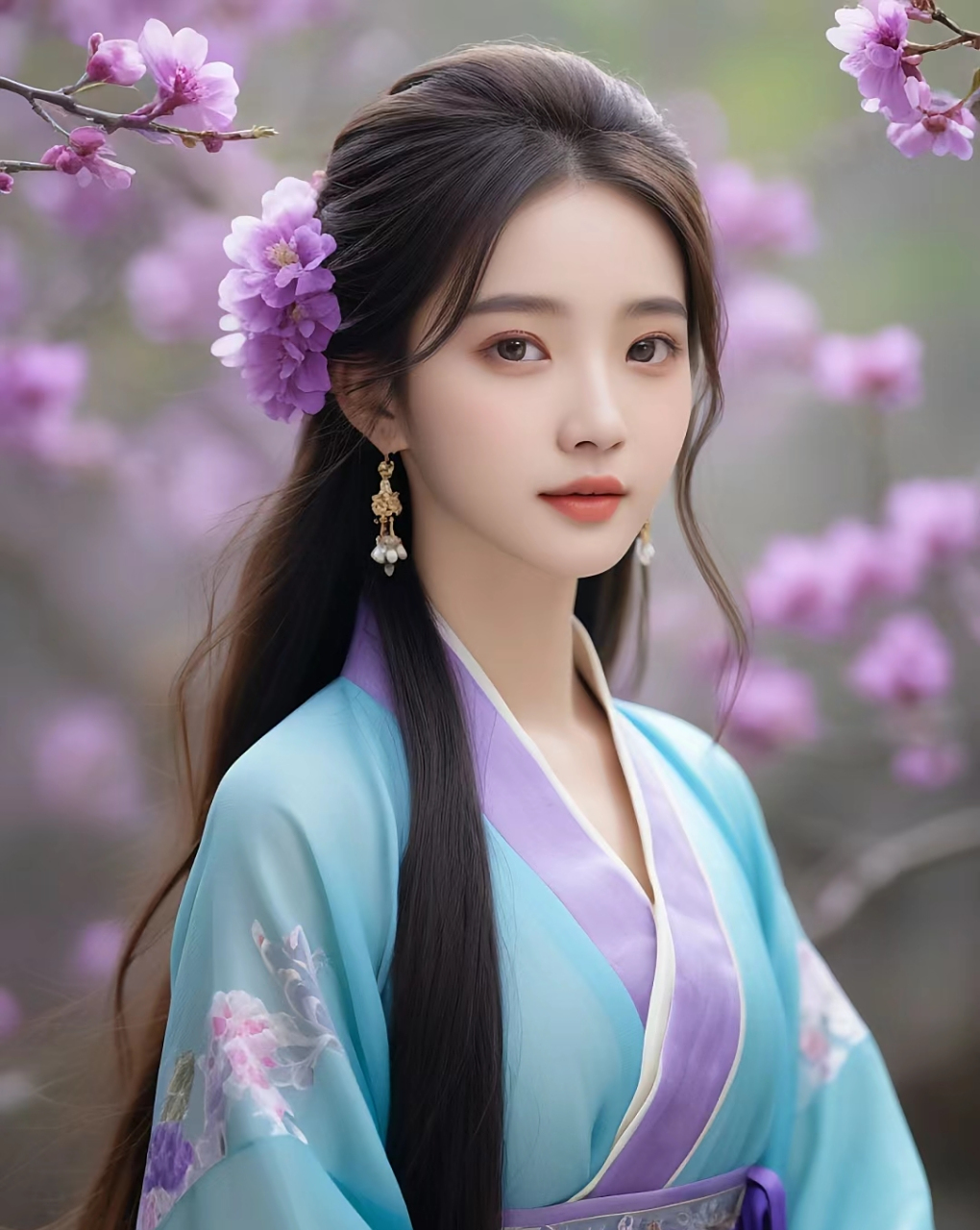 淡蓝紫色映春光,少女如花似玉妆. 云髻轻插紫花枝,粉面含笑映朝阳.