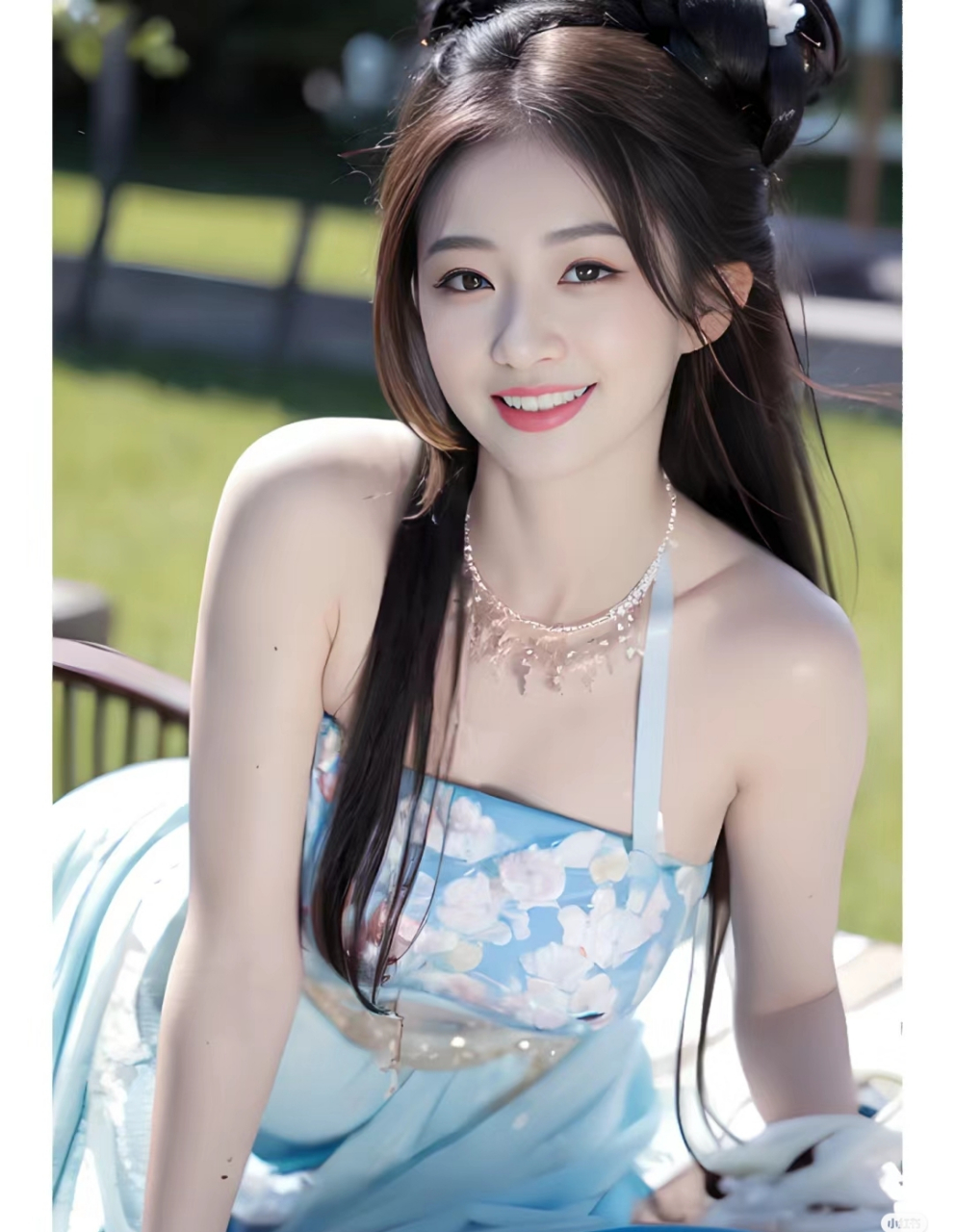 淡蓝紫色映春光,少女如花似玉妆. 云髻轻插紫花枝,粉面含笑映朝阳.