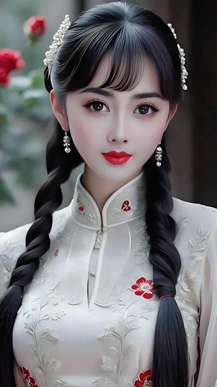 春日樱花树下,着一身汉服的女子,长发双辫,美得古典.