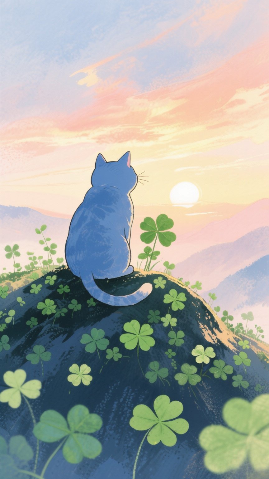 猫影落日间的心灵栖居 翠色山坡铺满三叶草,一只蓝猫