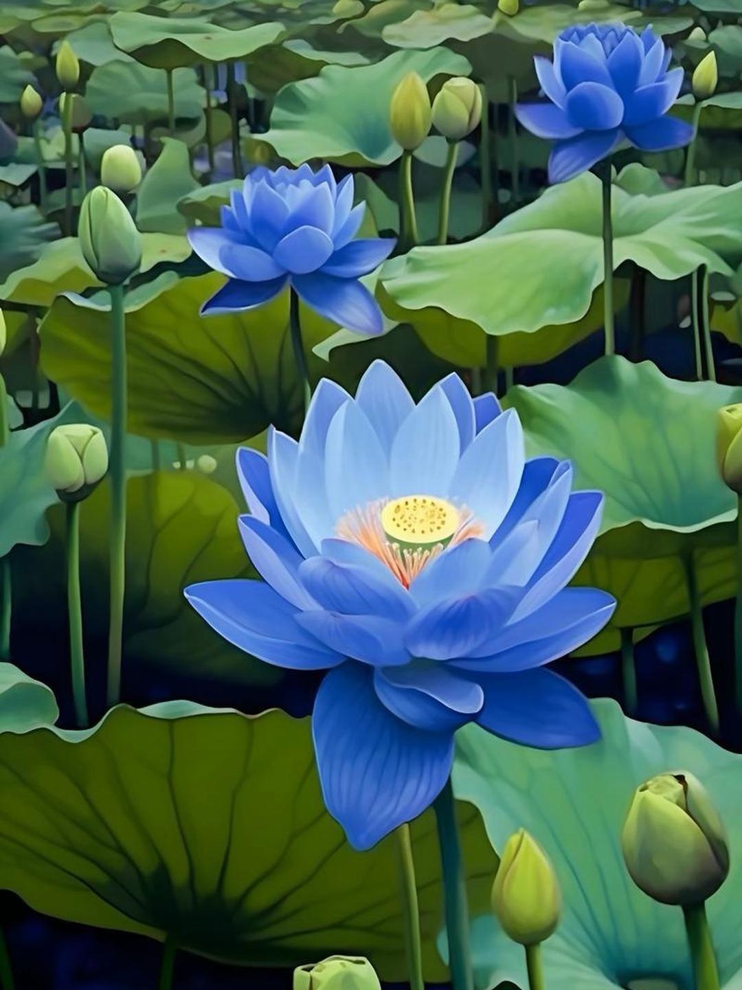 一眼望去,中央一朵蓝色莲花傲立其中,花瓣如丝如绸,轻轻展开,尽显优雅