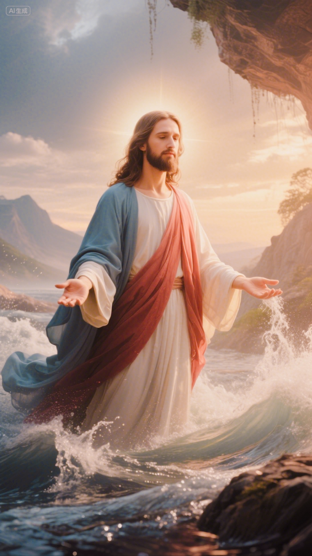 耶稣基督,水中的圣者,宁静而庄严,仿佛在讲述一个关于信仰与力量的
