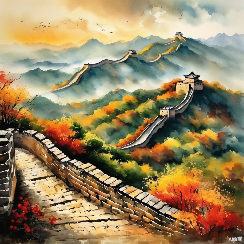 蜿蜒的长城,仿佛穿越时空的龙,沉醉在秋色的画卷中.