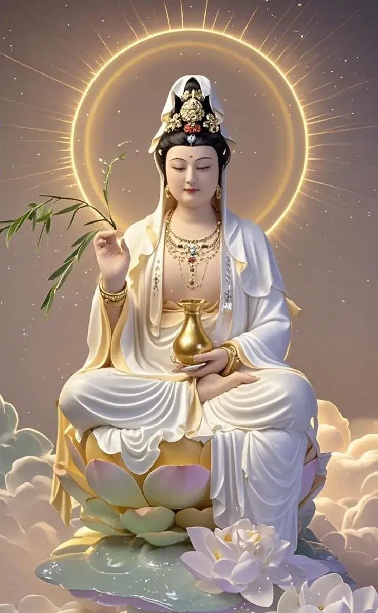 观音端坐莲花台, 玉手轻持净瓶来