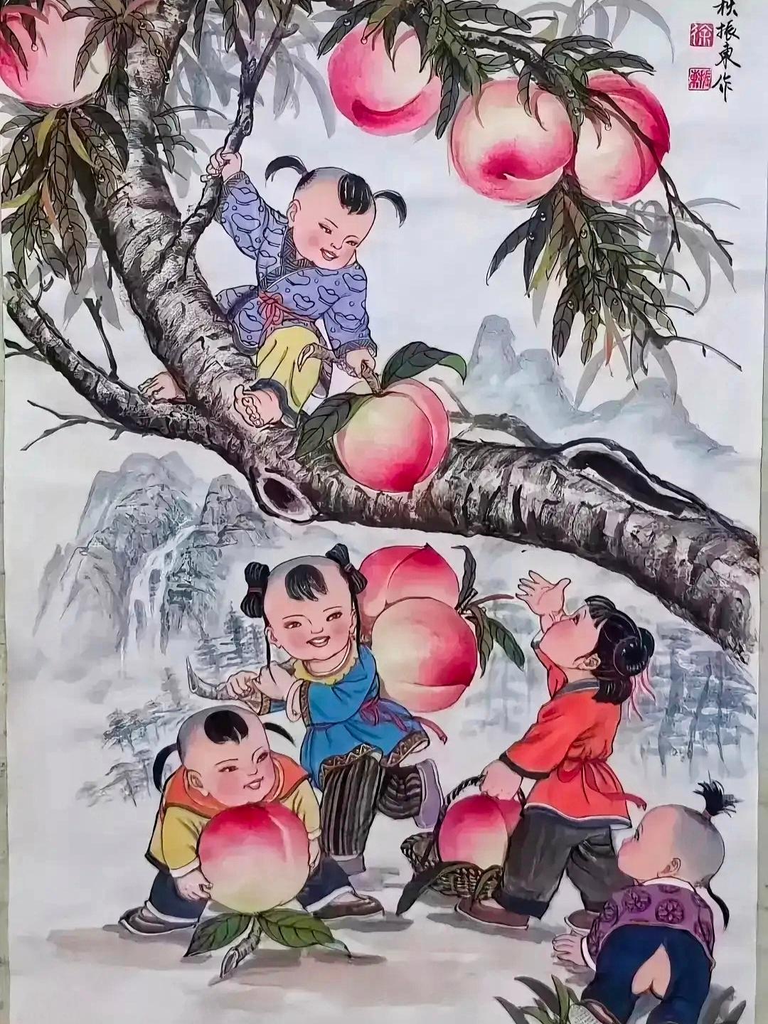 仙童献桃老年画欣赏