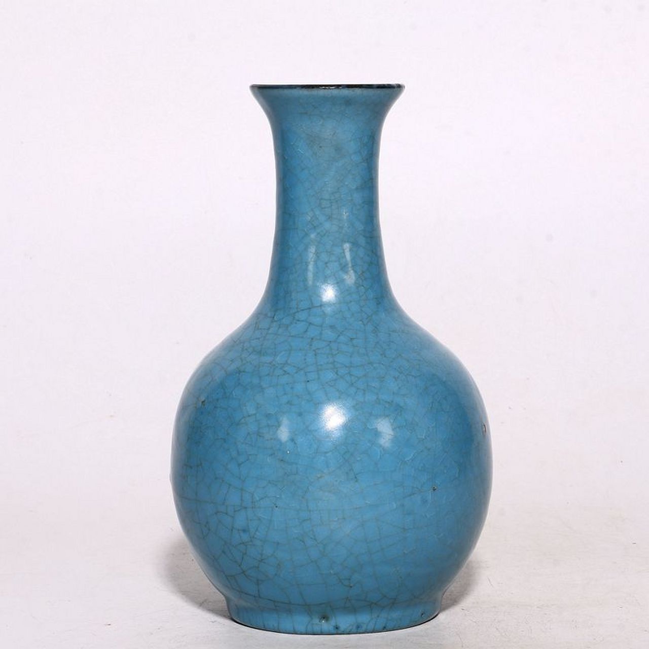 北宋宝丰天蓝釉蝉翼纹开片铭文官汝窑鹅颈赏瓶 古董 博藏级别