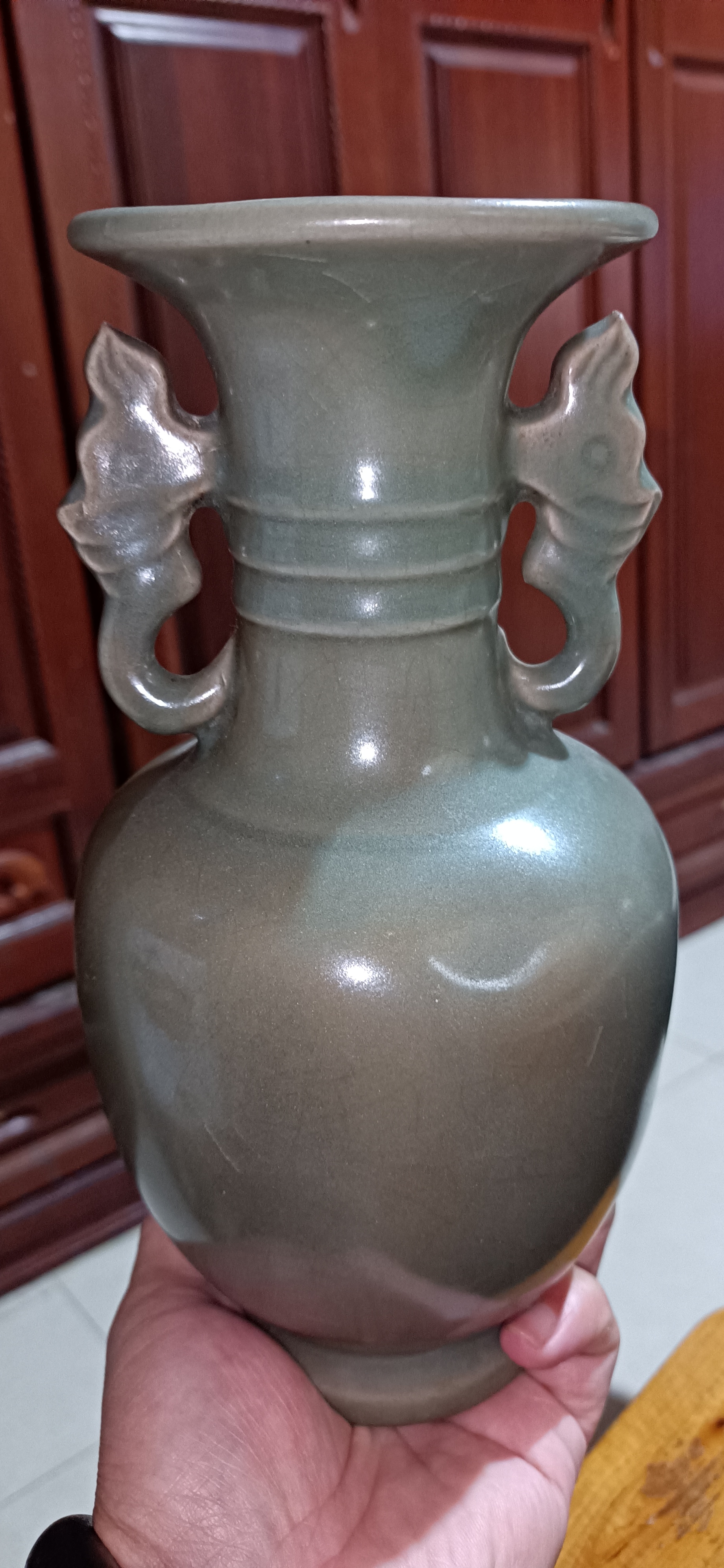 北宋御用清凉寺青瓷龙耳撇口赏瓶(古董 历史 文物)收藏品