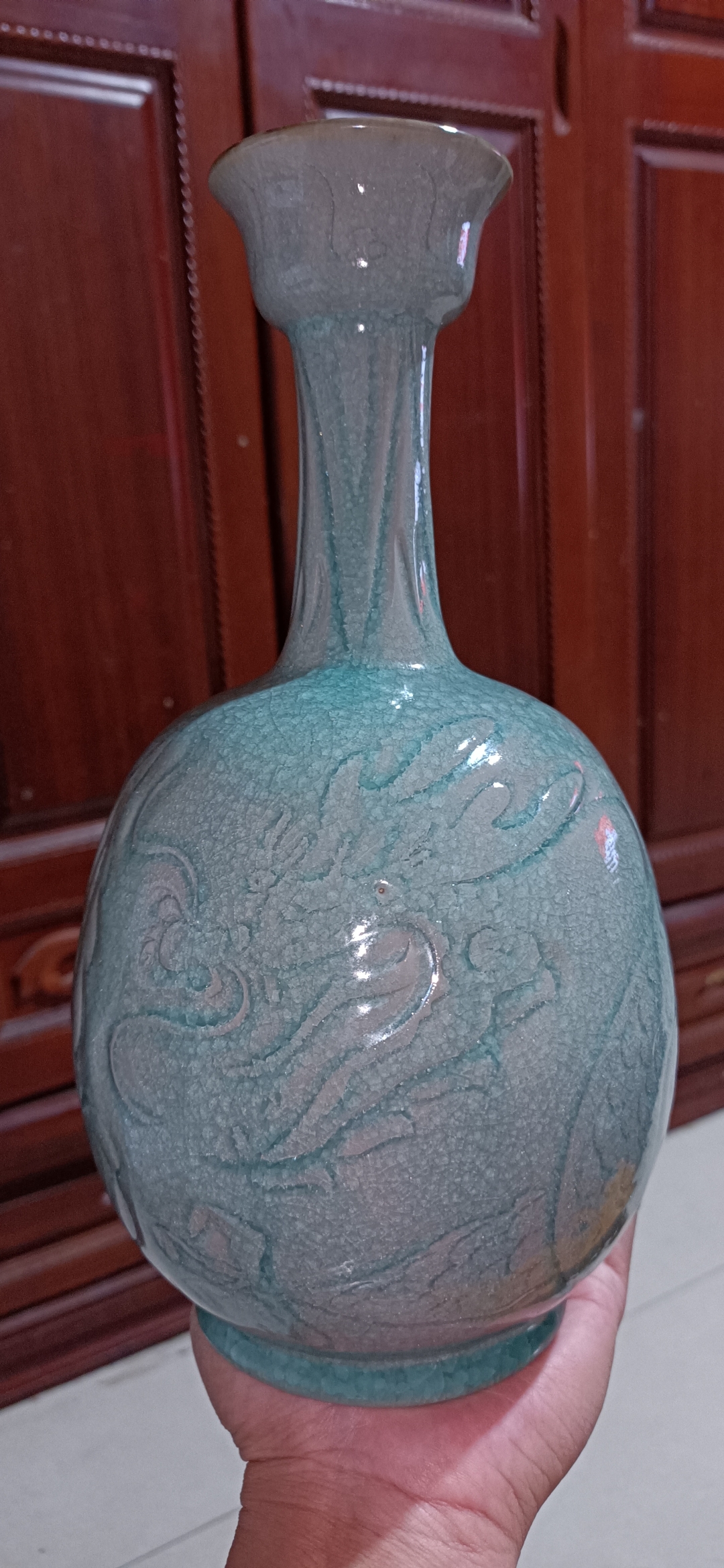 北宋天蓝釉冰片梅花纹官汝窑龙图腾盘囗奉华款御用赏瓶(古董 文物