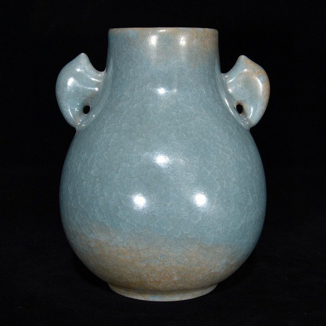 北宋天蓝釉梅花冰片土沁双鹿耳官汝窑赏尊