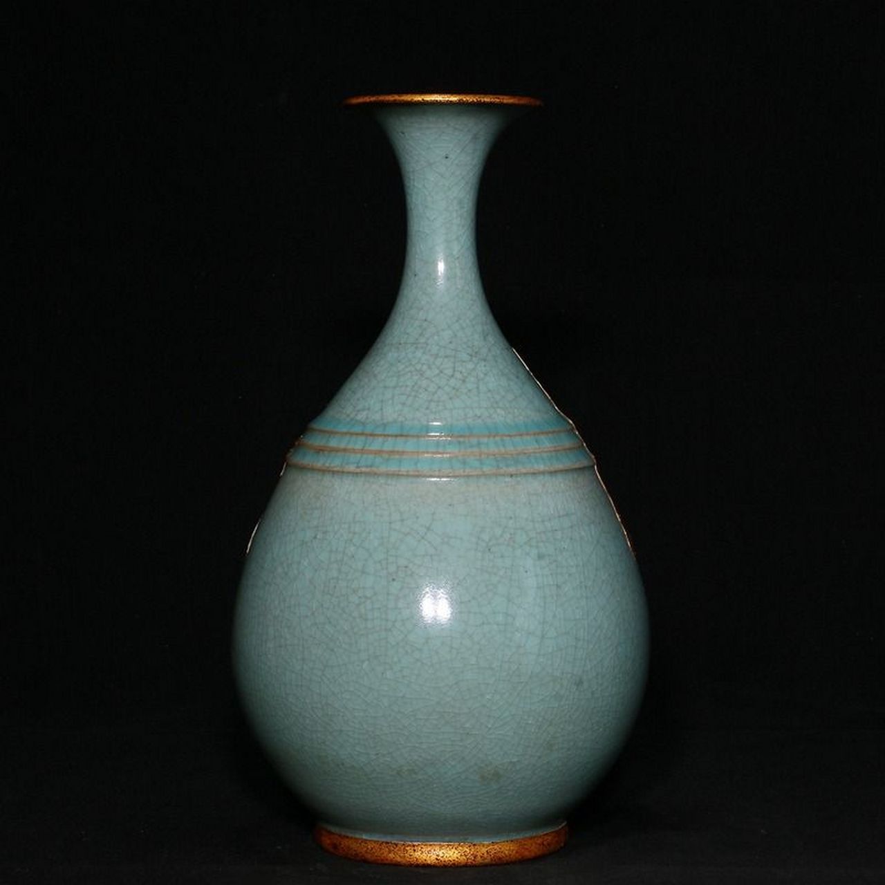 北宋天青釉蝉翼纹开片官汝窑瘦金体铭文镶口玉壶春赏瓶