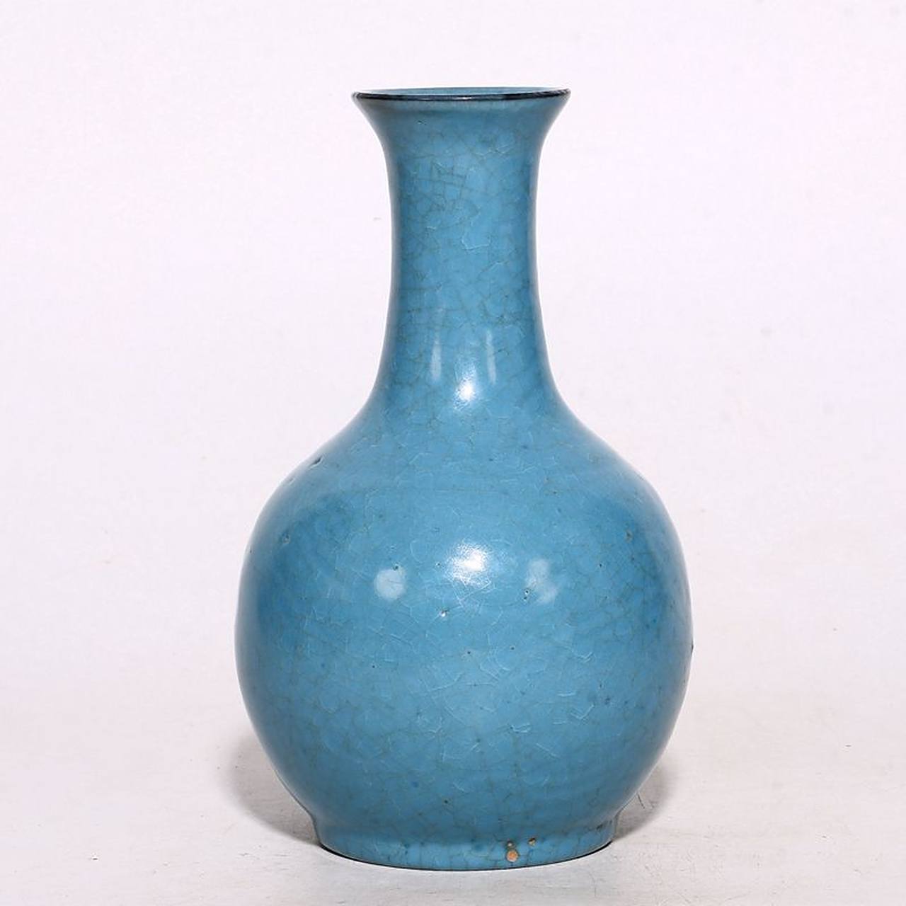 北宋宝丰天蓝釉蝉翼纹开片铭文官汝窑鹅颈赏瓶 古董 博藏级别