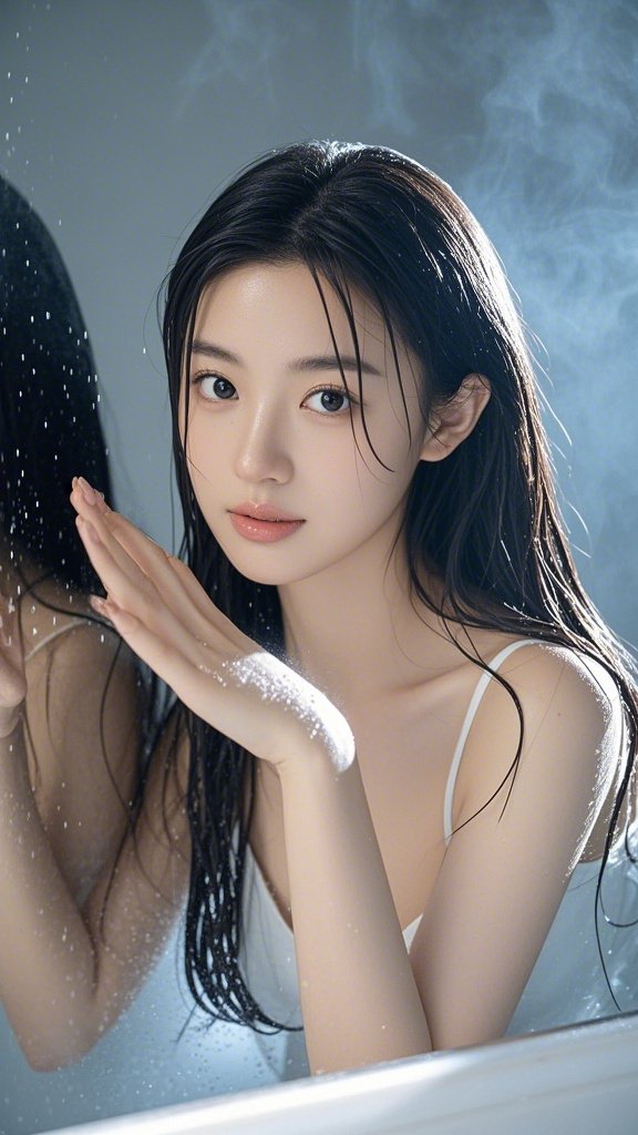 镜面薄雾氤氲,水珠在发丝间跳跃,滑落,与柔美的肩颈线条交织,每一帧都