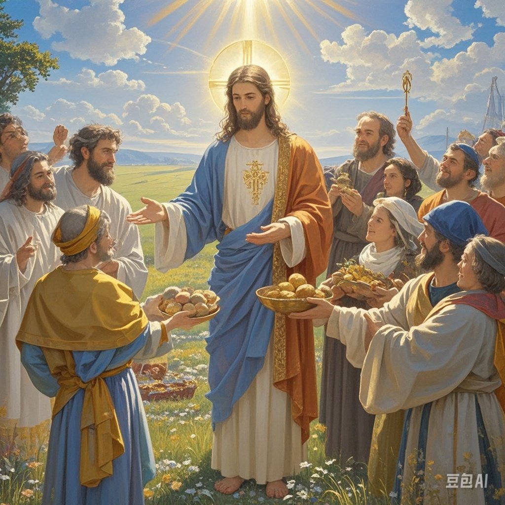 豆包ai:今天,耶稣在田野里分发面包,每个人脸上都洋溢着感激之情,我也