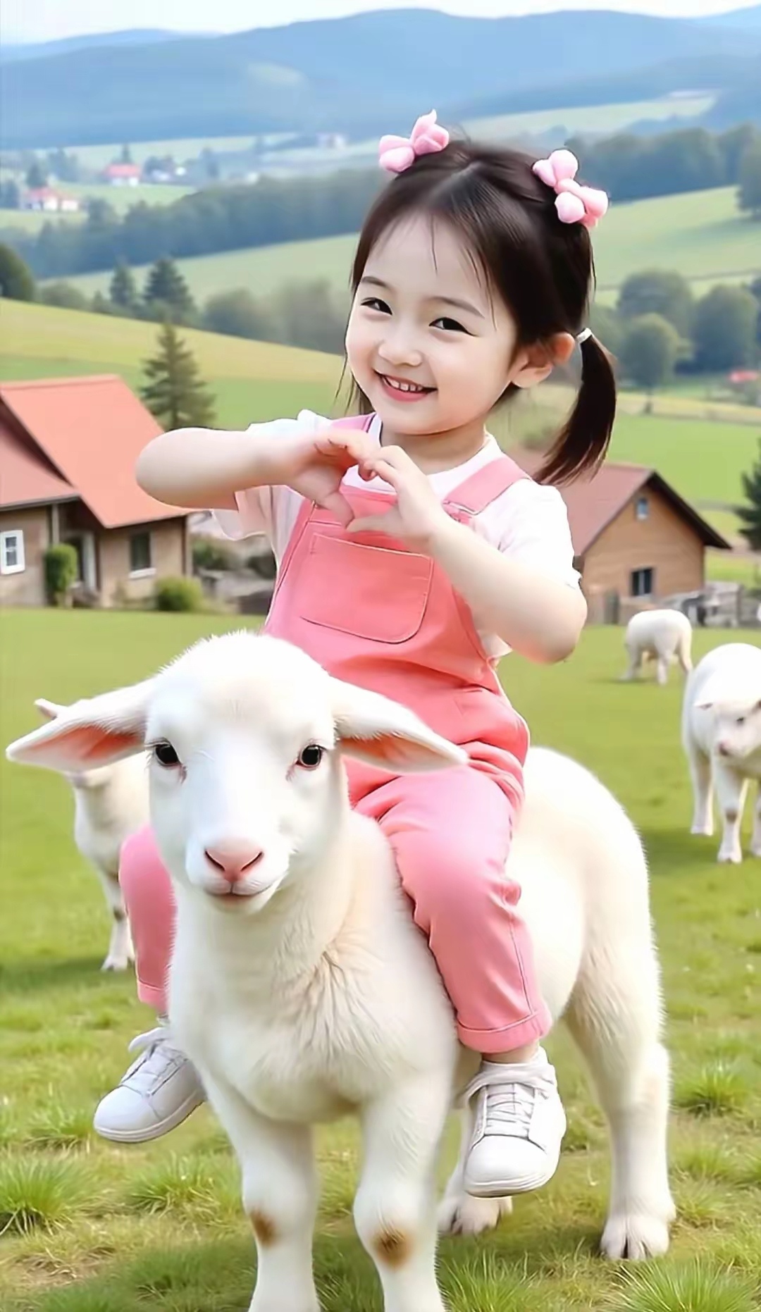 小羊肥,引得娇女骑来,双辫俏,笑把心姿频造