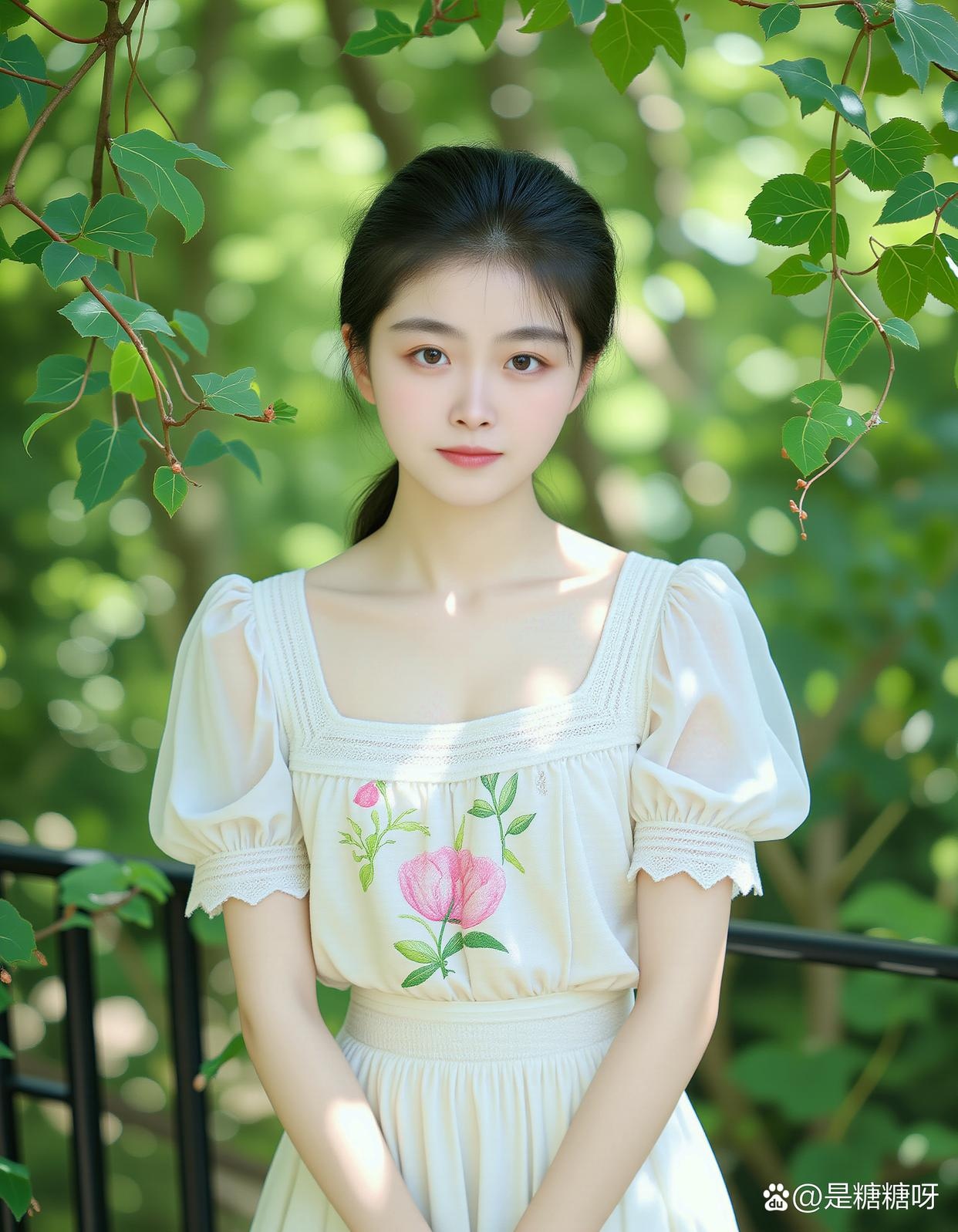 翠叶盈枝映丽容,素衣绣朵韵无穷.清眸流盼意悠融