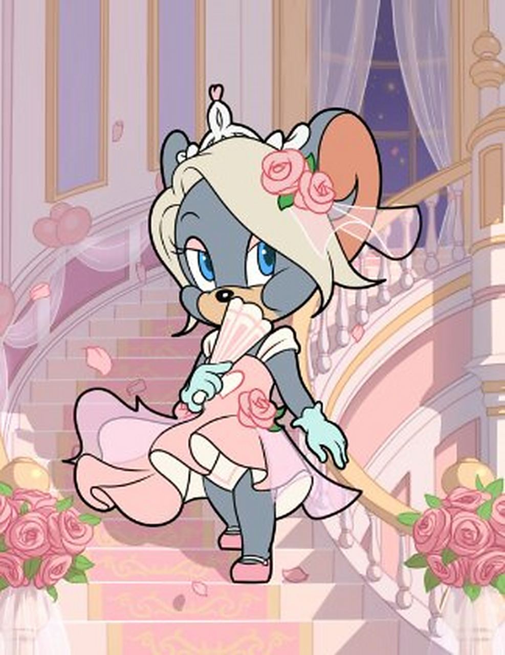 猫和老鼠愚人节,一见钟情玛丽/国王杰瑞,飘逸的粉红色长裙,一对碧蓝色