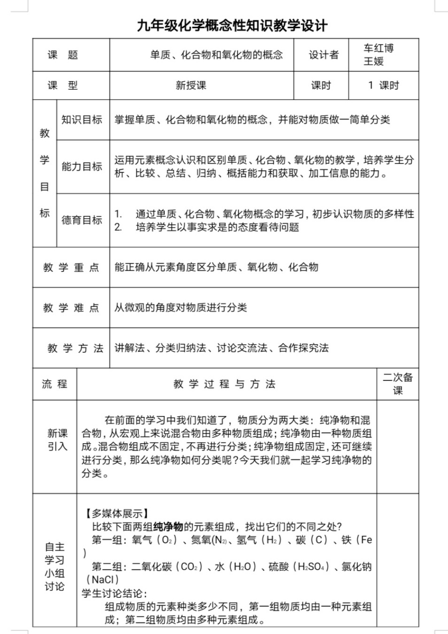 【初中化学概念教学设计】单质,化合物和氧化物