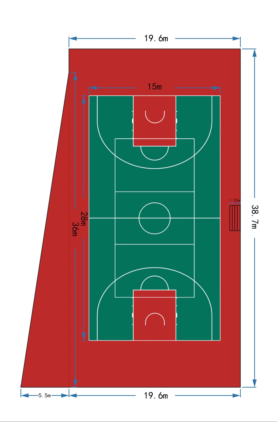 哇,这个篮球场的尺寸快赶上足球场了,咱得练练投篮,争取一球入网!