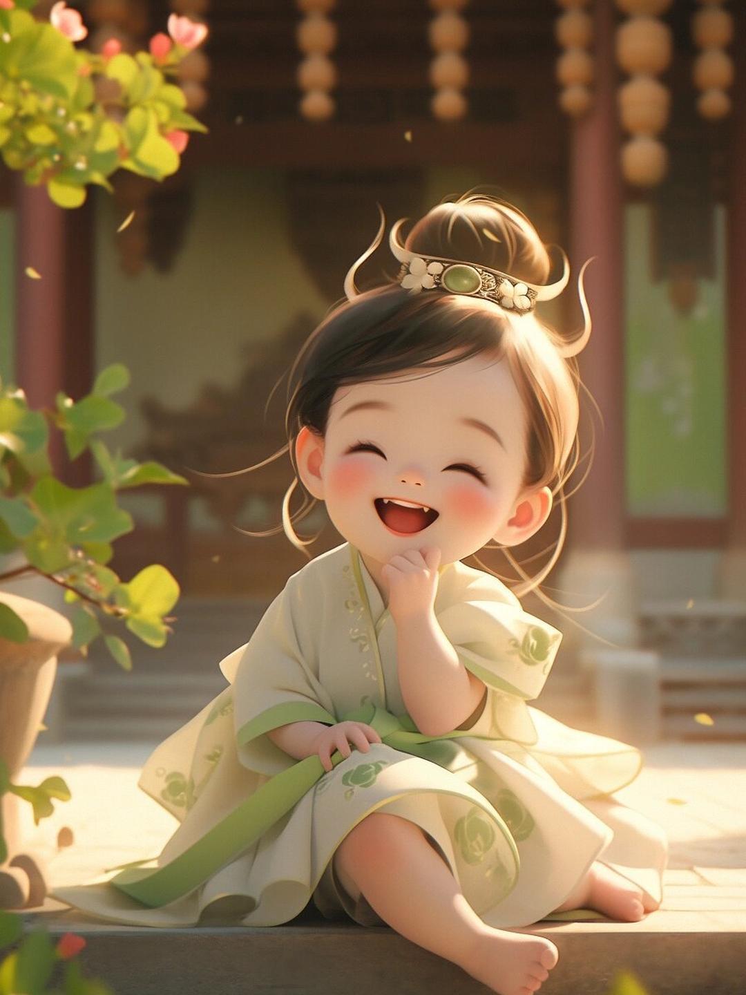 画面中的小女孩,如同一颗璀璨的明珠,静静地坐在古老的石阶上,沐浴着