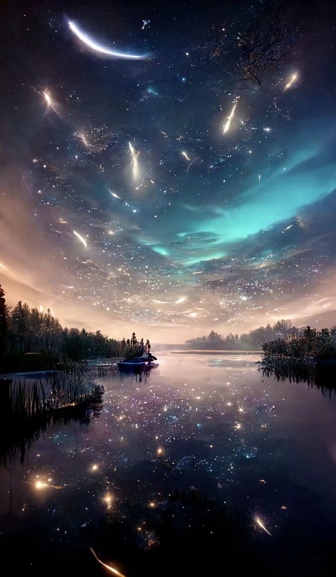 夜空下,星河灿烂,湖面如镜,倒映着梦幻般的景象
