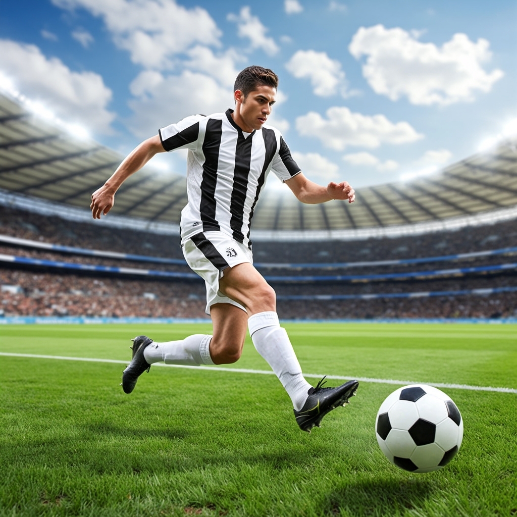 黑白战袍在绿茵上划出凌厉弧线,右脚绷直如满弓,足球即将爆发出破空之