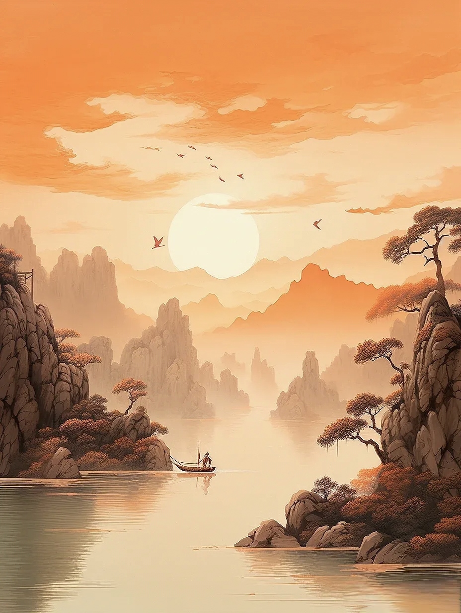 红日西沉,余辉尽洒.山水如画,墨染天涯.