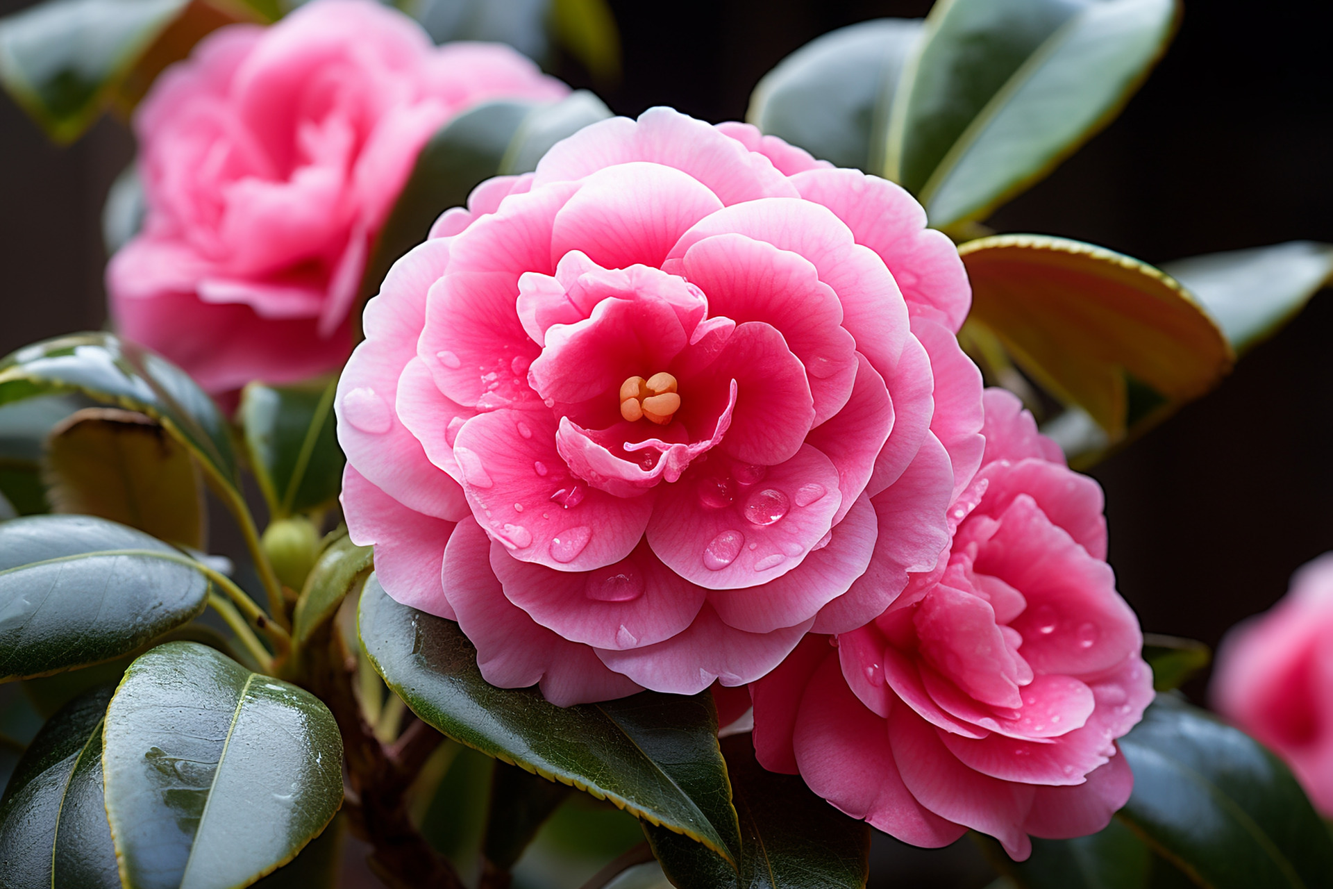 粉色鲜艳茶花  阳光洒落在盛开的山茶花上,粉色的花瓣,黄色的花蕊和