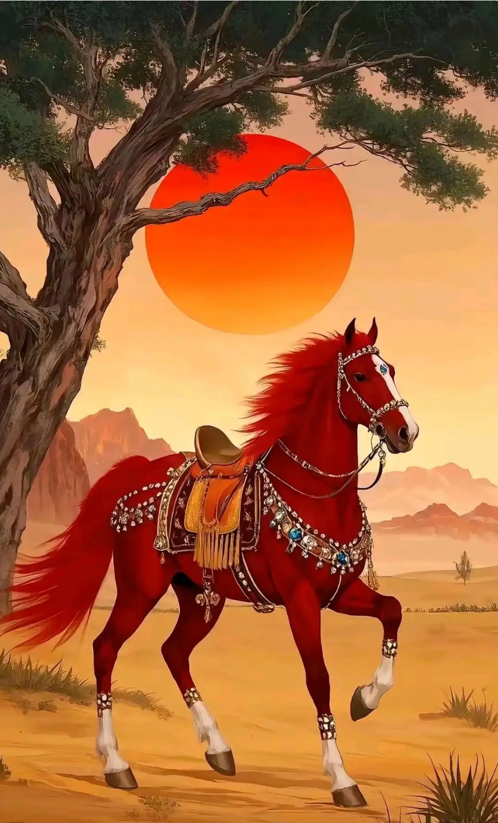 夕阳下,一匹红得像火的马在沙漠中奔跑,它的鬃毛随风飘扬,仿佛在追逐