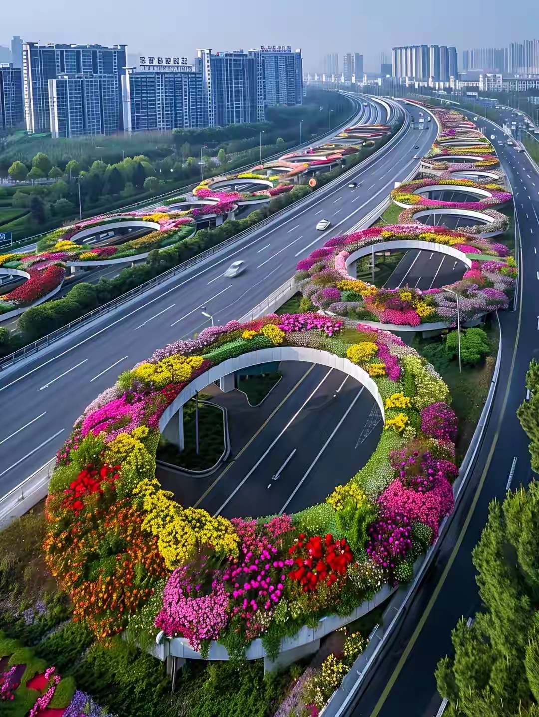 上帝视角园林街区,花团锦簇,城市之春.