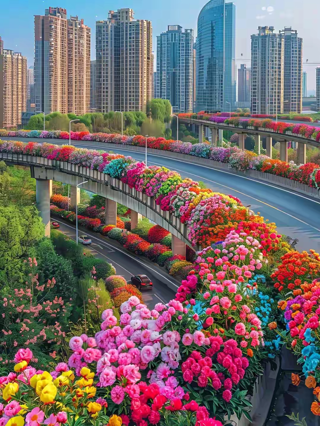 上帝视角园林街区,花团锦簇,城市之春.